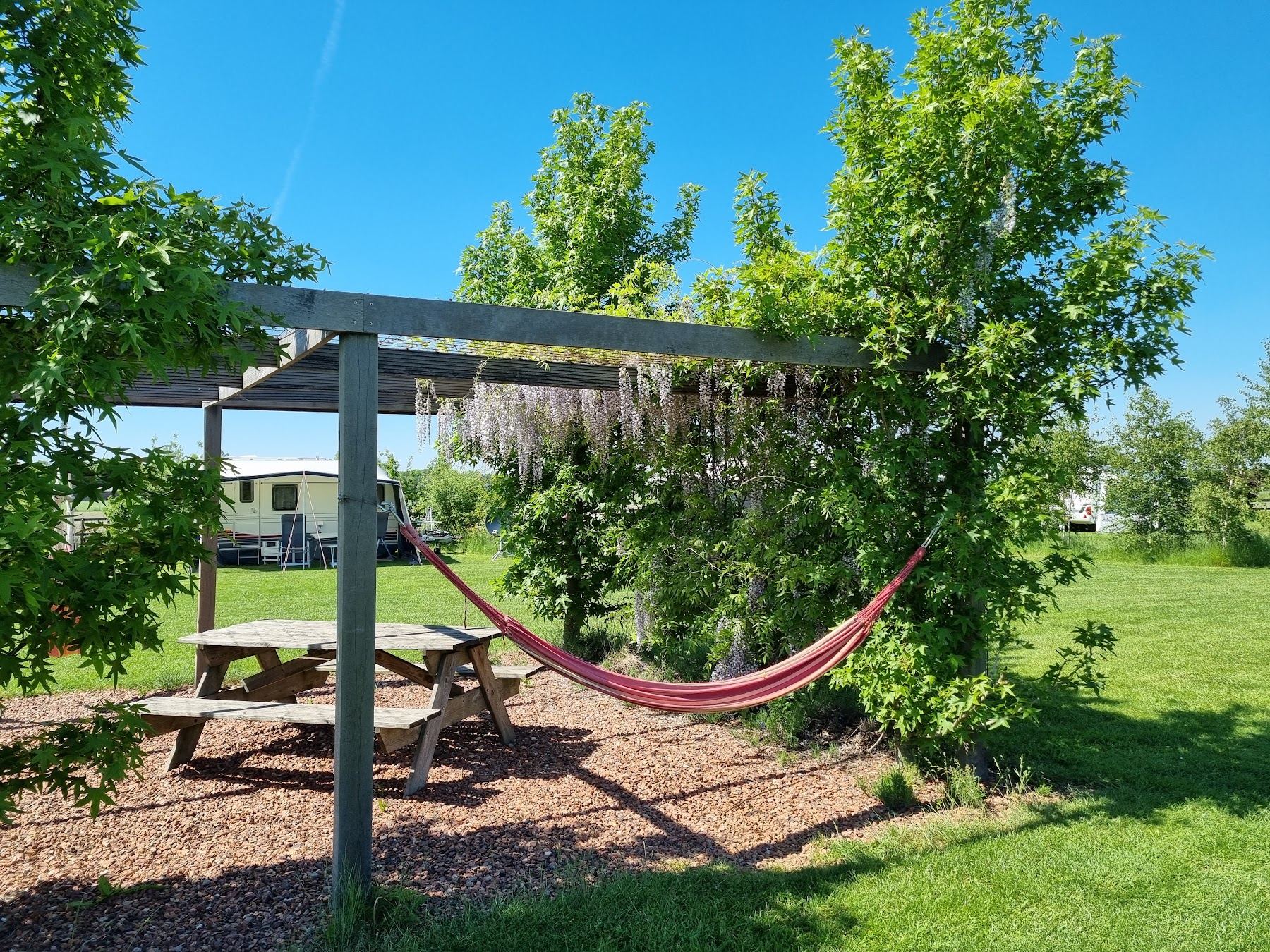 Picknicktafel en hangmat onder de pergola op het kampeerveld